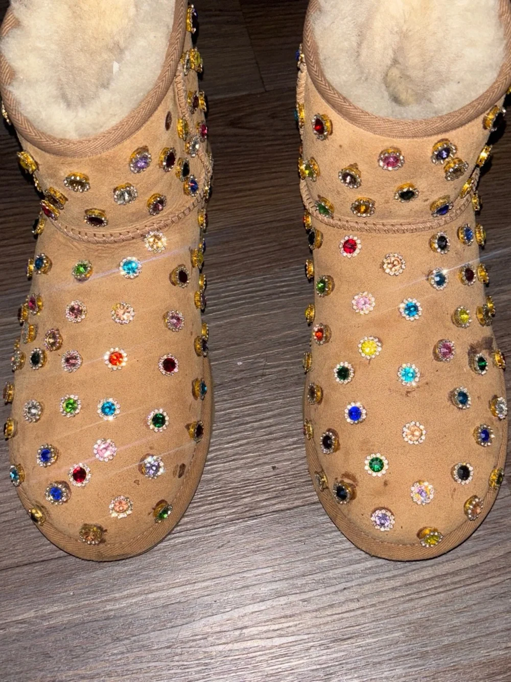 Personalized Embellished Tan Suede Uggs, Cozy Slip-On Boots with Multicolor Gems